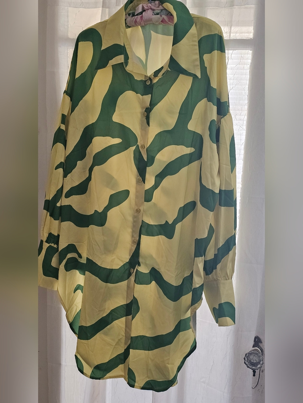 Green Patterned Button-Down Blouse